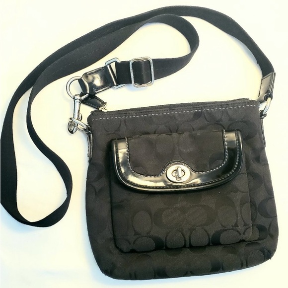 Coach Black Signature Fabric Patent Leather Turn-Key Crossbody Purse Bag - Picture 5 of 7